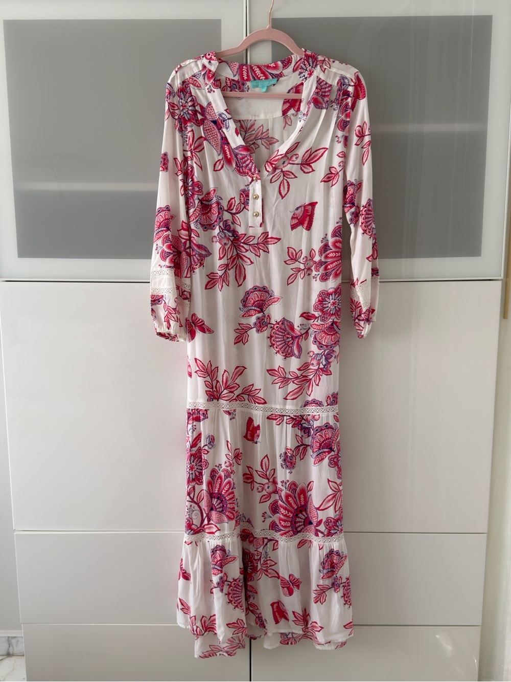 Melissa Odabash Floral Print Pink and White V-Neck Maxi Dress
